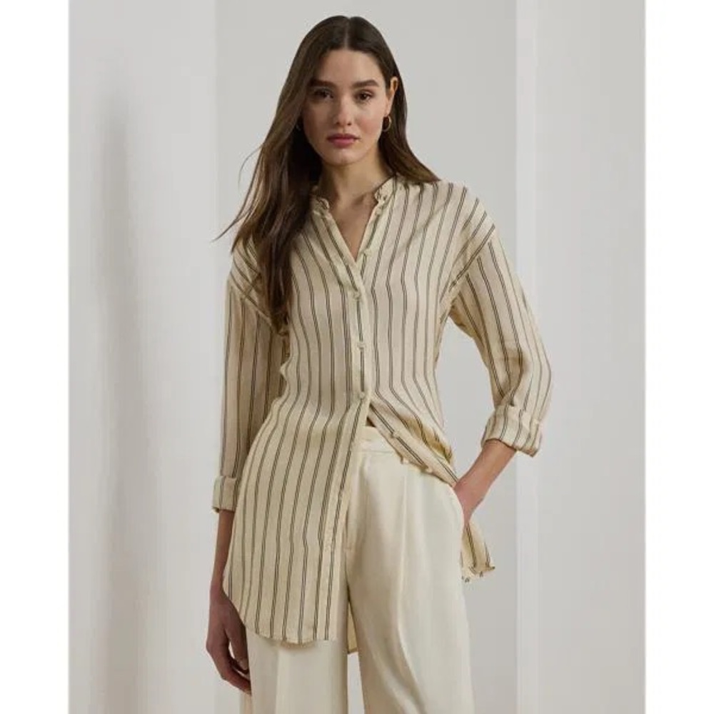 Lauren Ralph Lauren Preppy Cream Black Striped Tunic Button-Up Shirt Size XL NWT